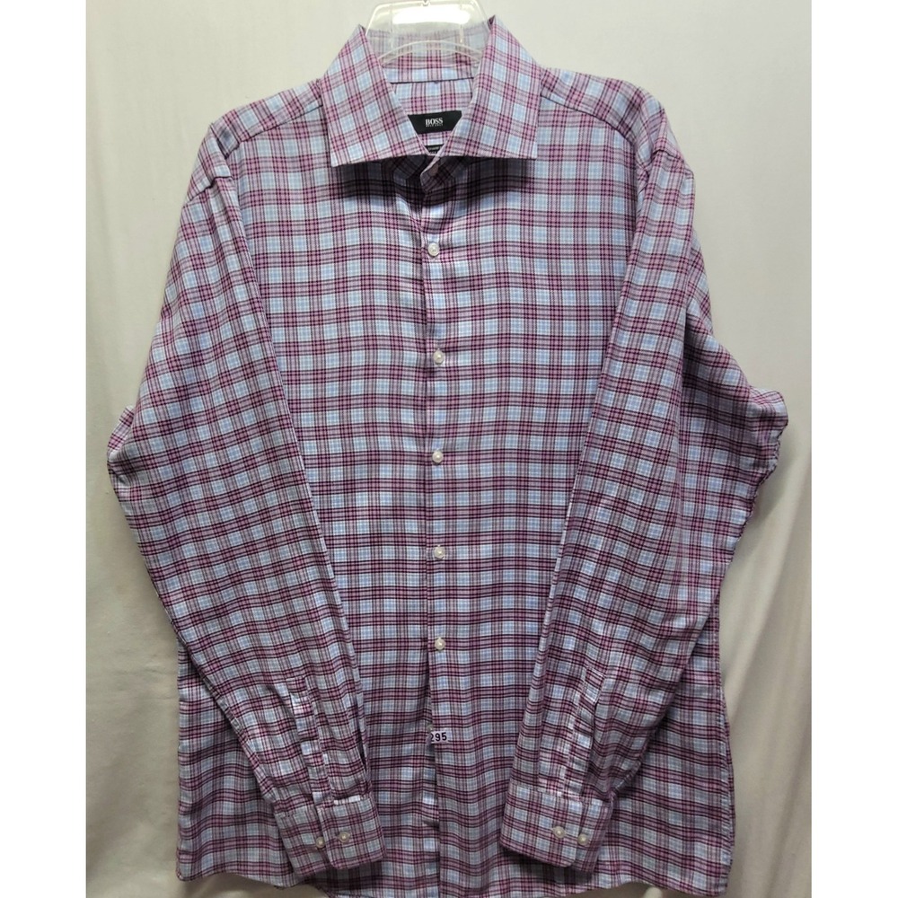 Hugo Boss Sharp Fit Easy Iron Shirt Mens 16.5 34/35 Purple Blue Plaid Cotton